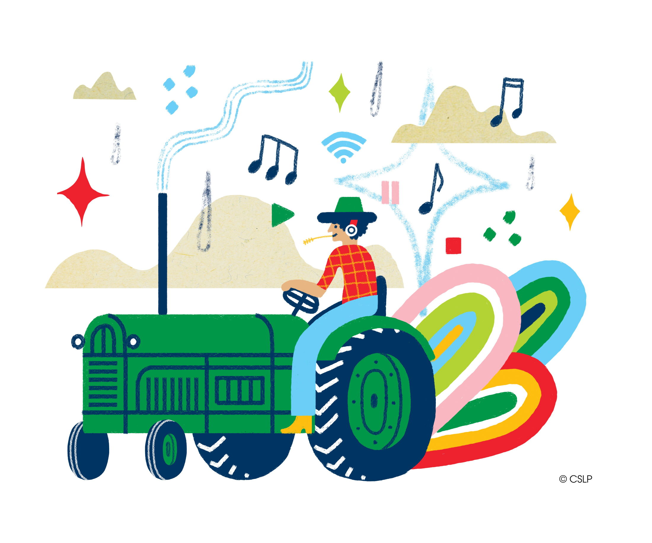 Boy on tractor with musical notes and rainbows